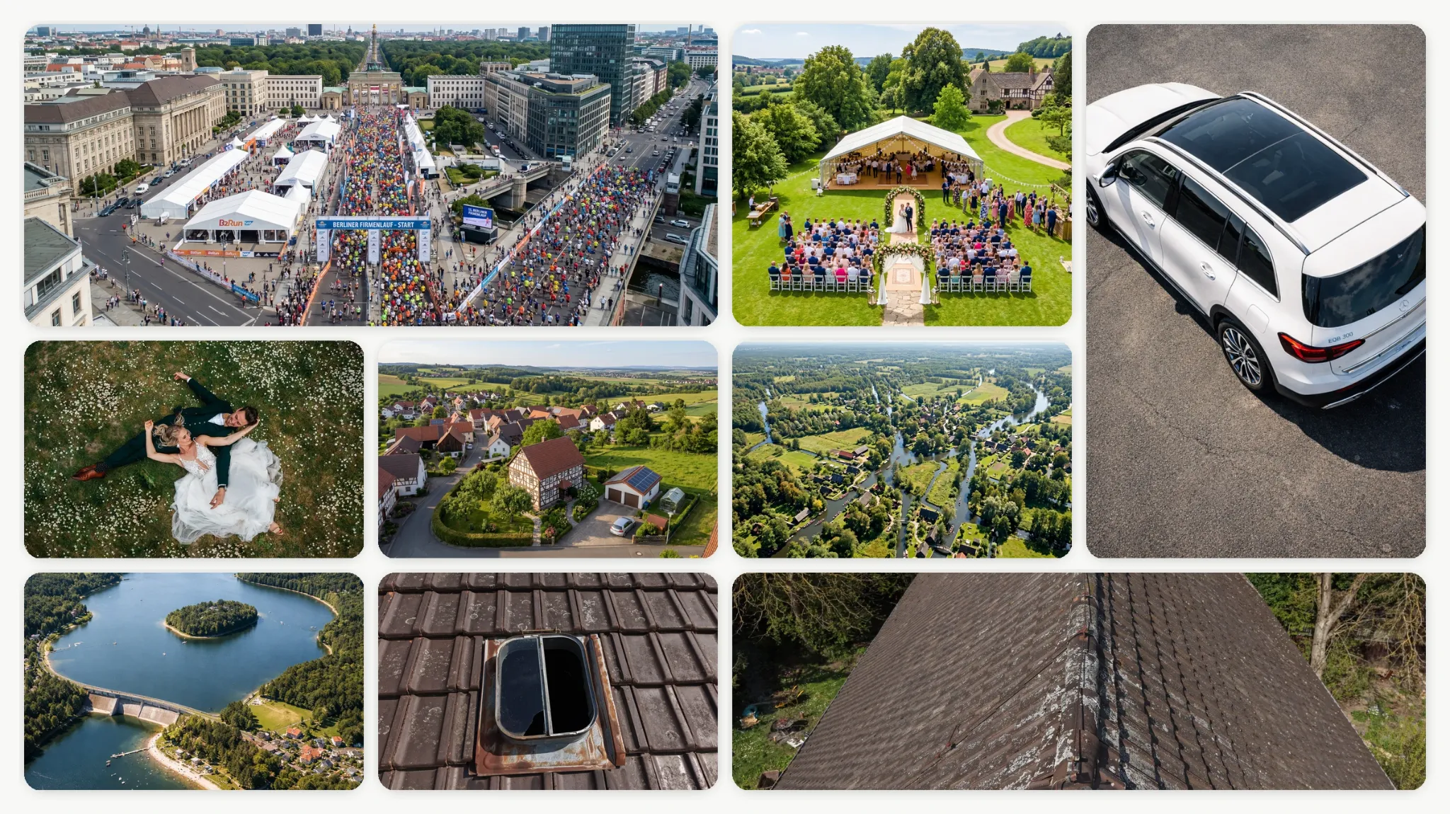 Collage mit vielfältigen Drohnenaufnahmen aus Event, Hochzeit, Immobilien, Landschaft und Sonderanfragen